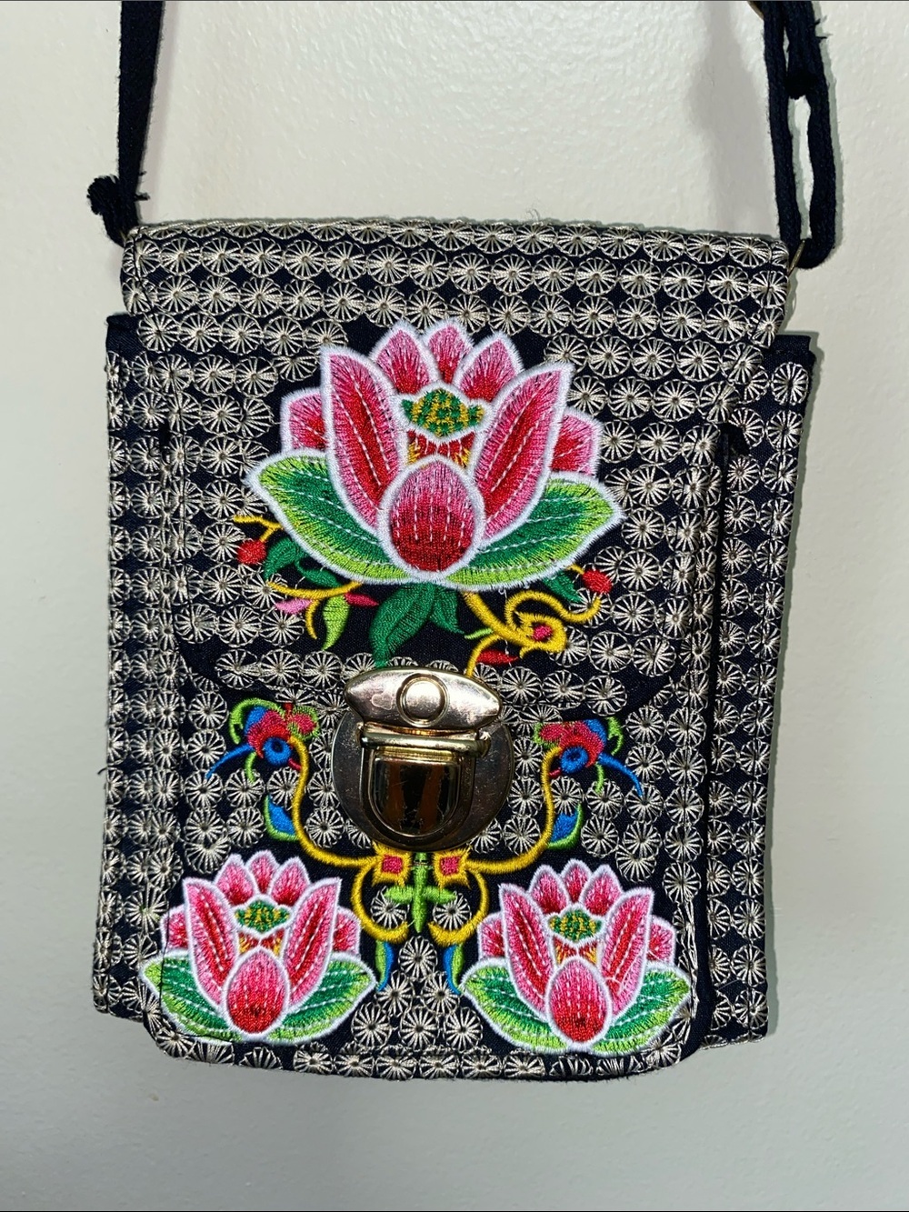 Boho • Embroidered • Lotus Floral • Black Tapestry • Crossbody Bag